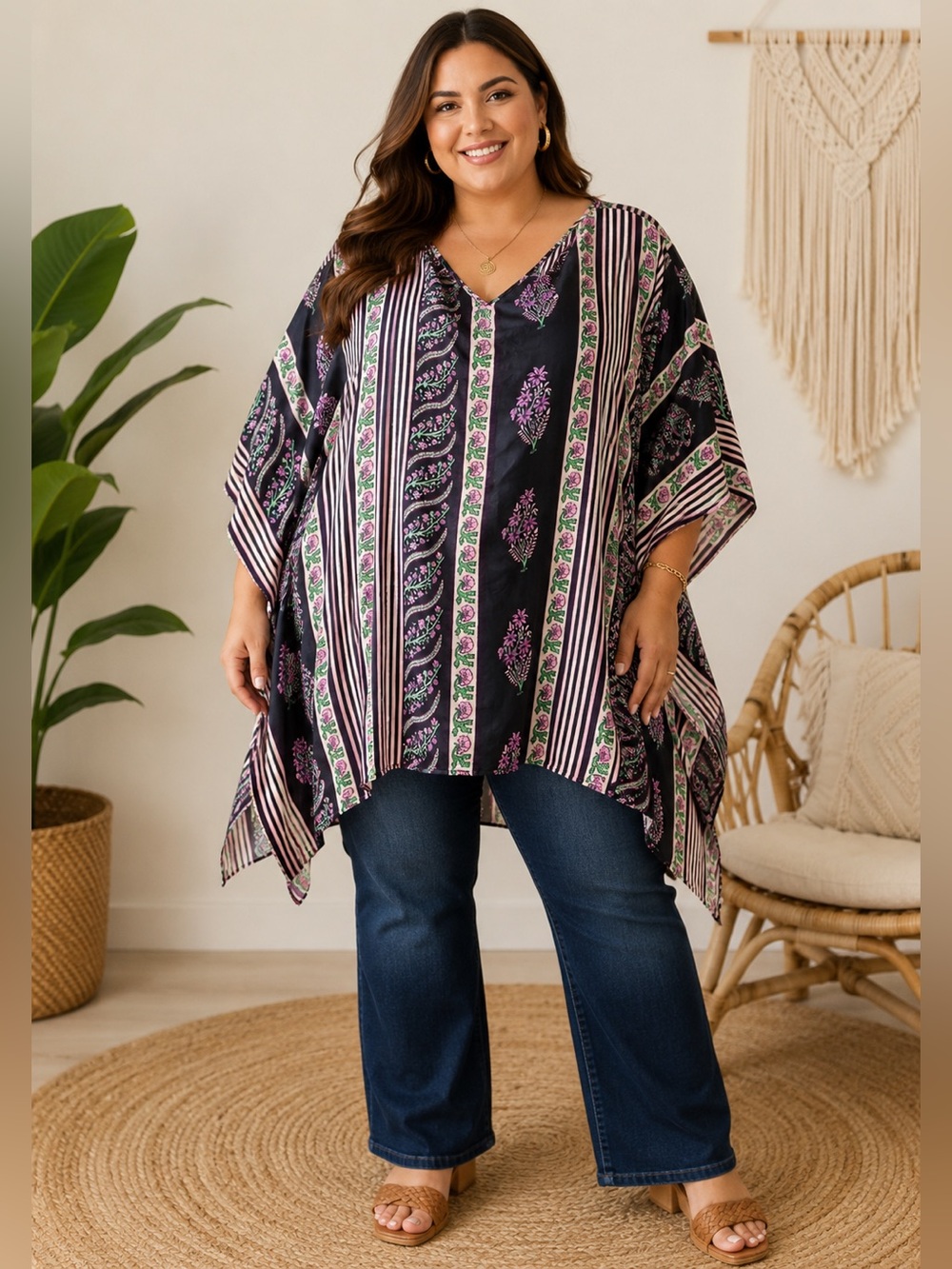 Silk Persaman New York Kaftan Top Size 3X Boho Floral Purple Black Tunic
